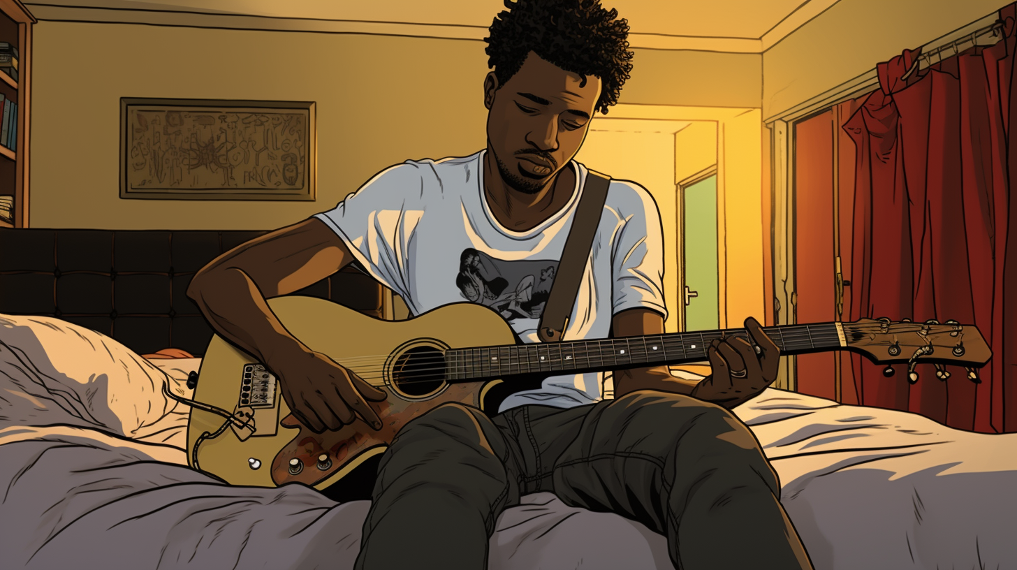 Comic style drawing of bedroom with black musician playing guitar