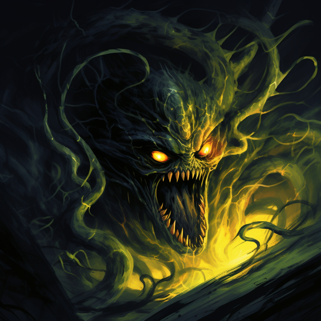 Comic-style Eldritch Lovecraft monster with yellow eyes and sharp teeth