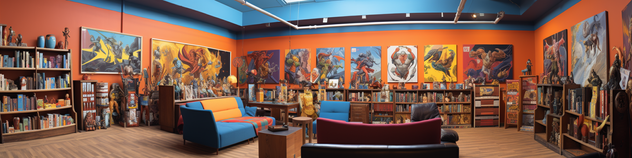 Panoramic view of a vibrant comic book shop