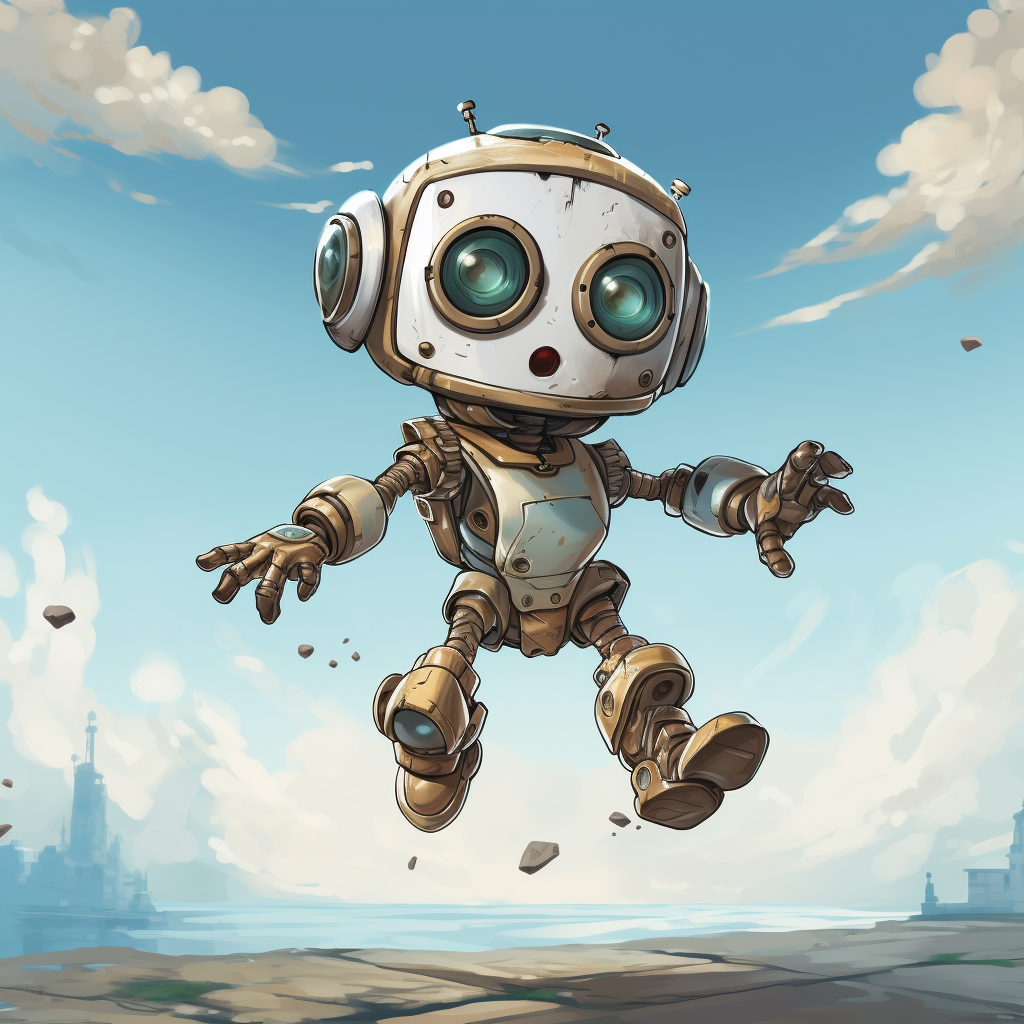 Cute little robot flying in the sky