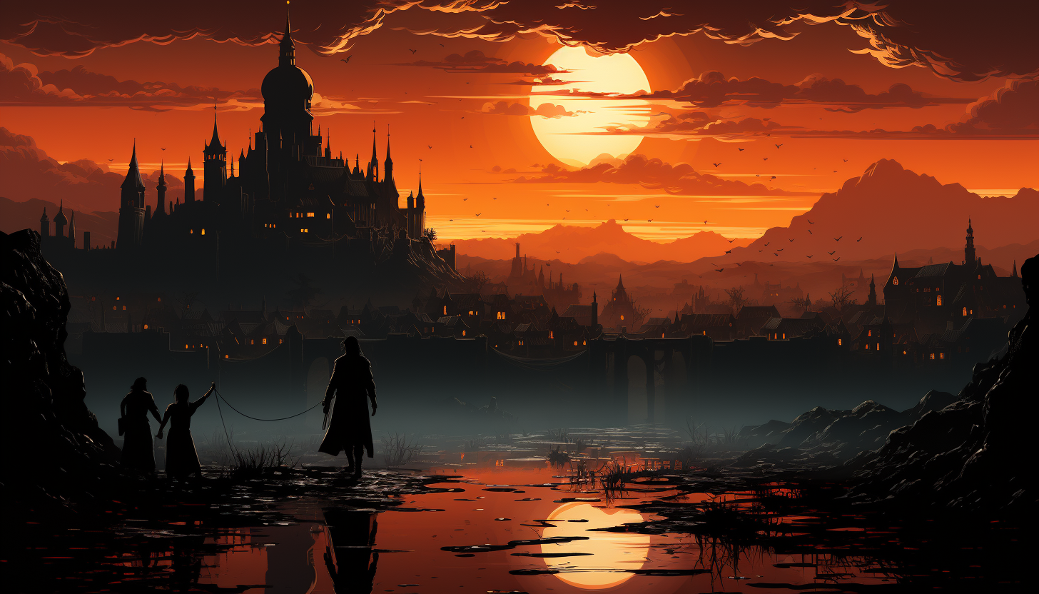 Silhouettes contrasting medieval town with arena splendor