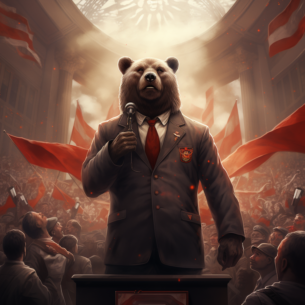 Hyper realistic Communist bear politician in a suit with hammer and sickle badge