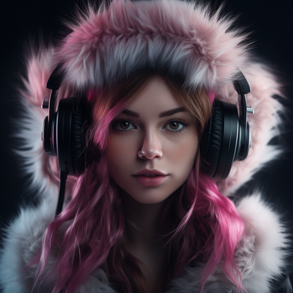 Stylish gamer girl with fur hat and headphones