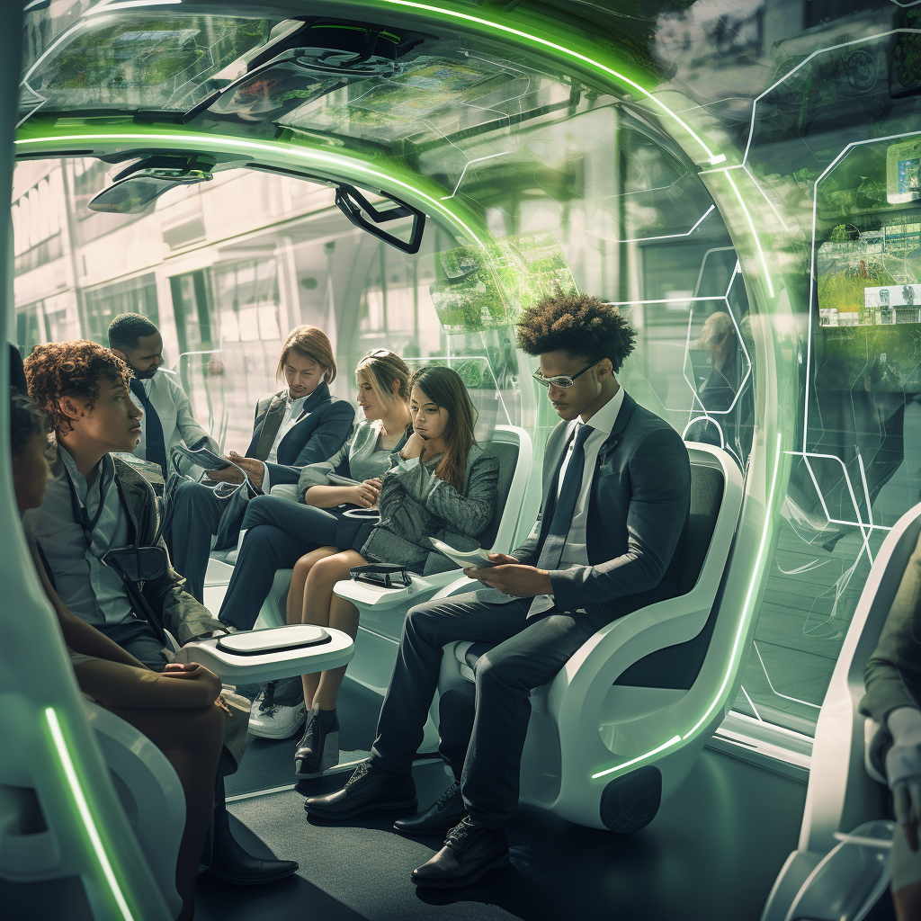 Diverse commuters exercising inside futuristic London autonomous bus