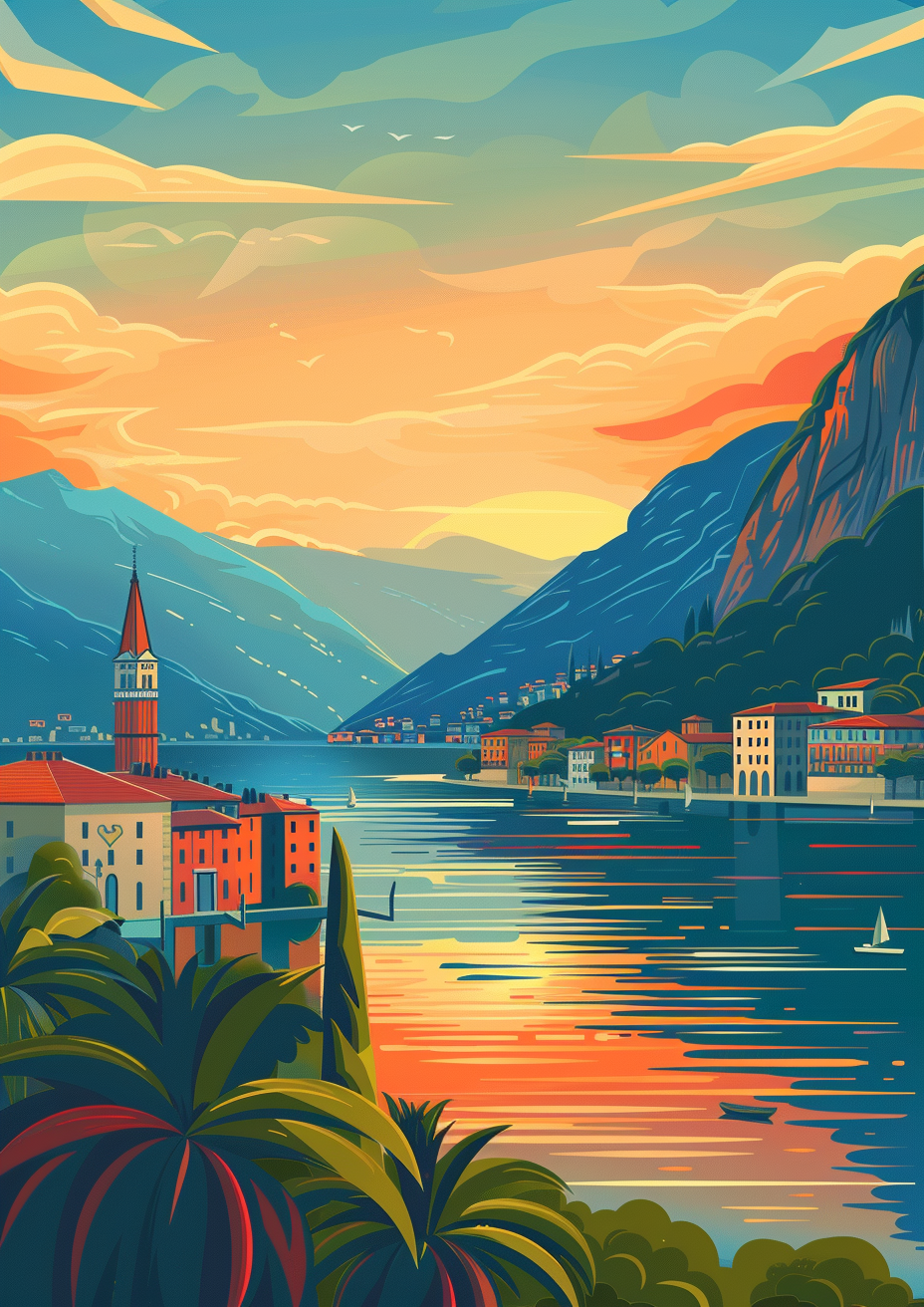 Modern Lake Como Sunset Illustration