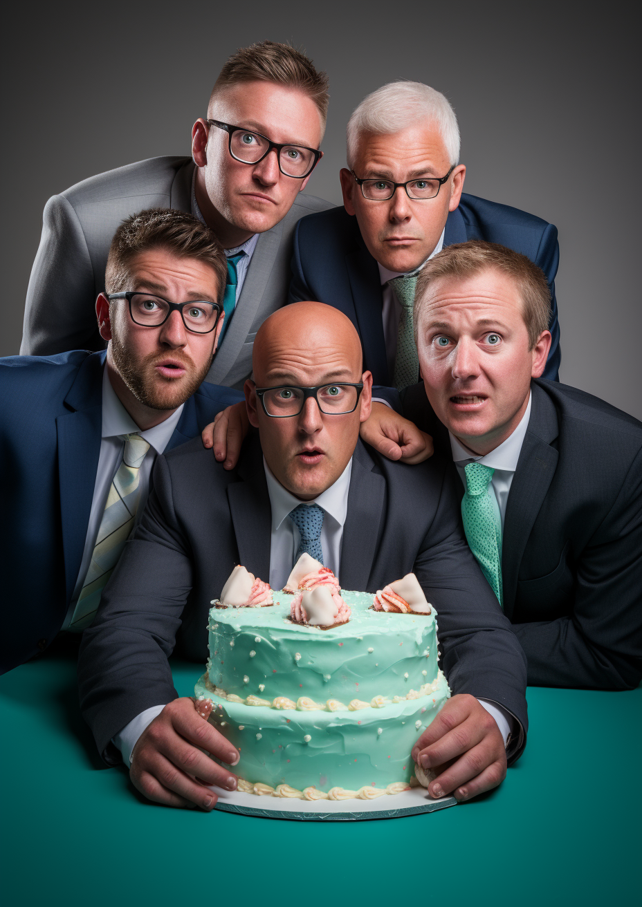 Businessmen with mint cake faces posing for a picture