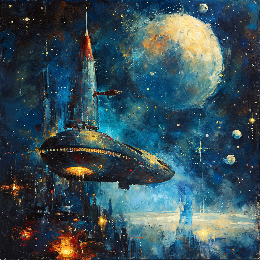 Stunning complex starry night space ship art