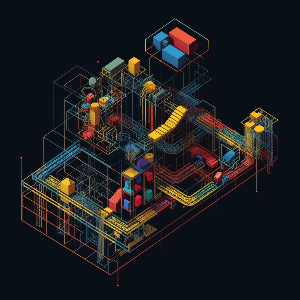 Isometric exploded diagram of complex machine