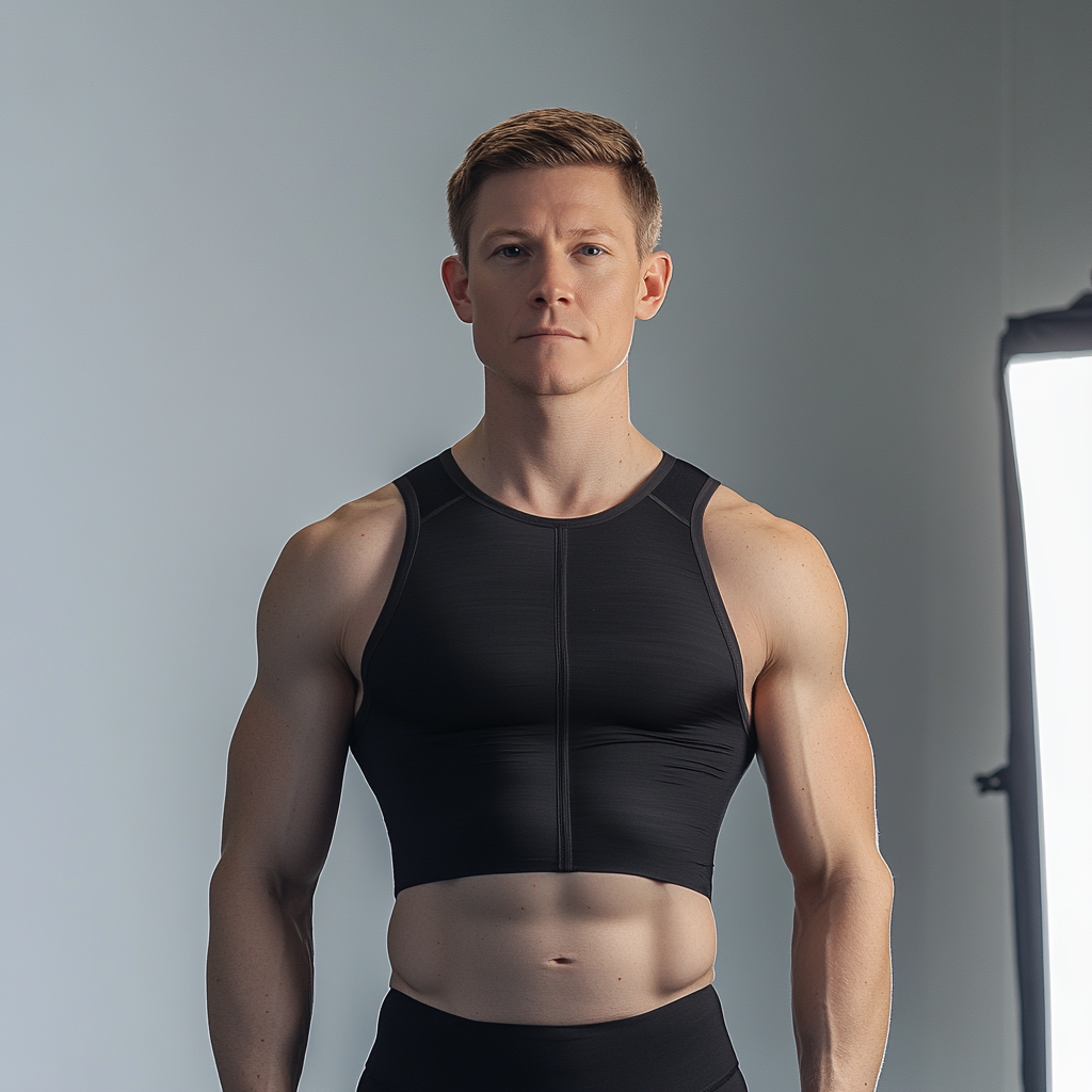 compression tank top on man showing athletic past.