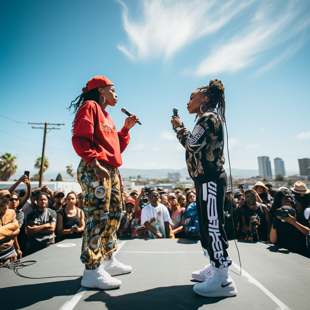 Two African American female rappers in intense battle