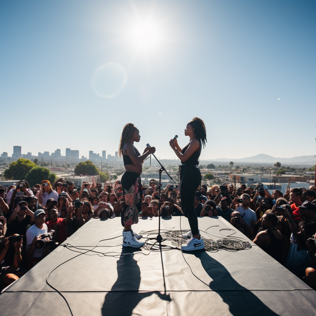 Two African American female rappers in Compton-style attire