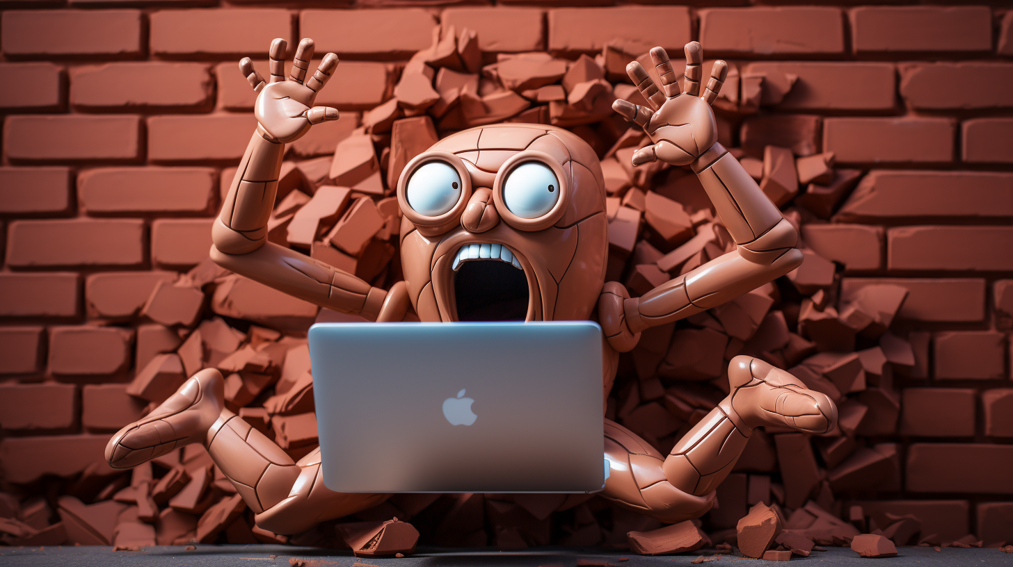 Computer with arms and legs coming out of red brick wall