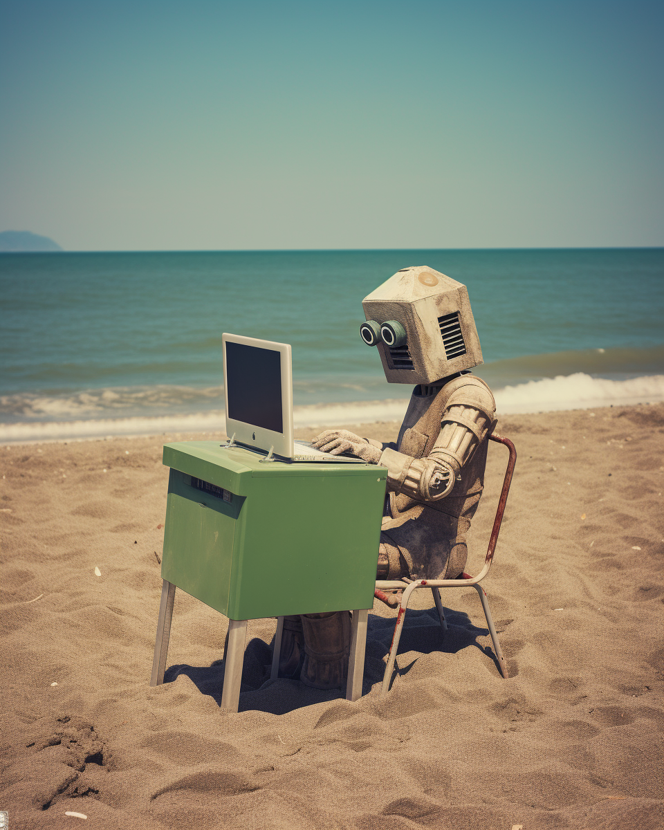 Woman working on laptop at beach