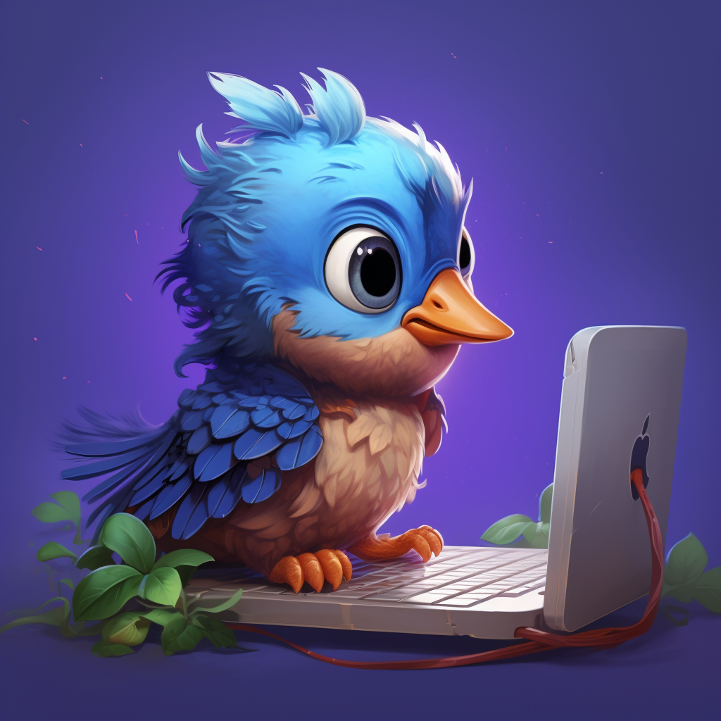 Cute bird character playing on computer