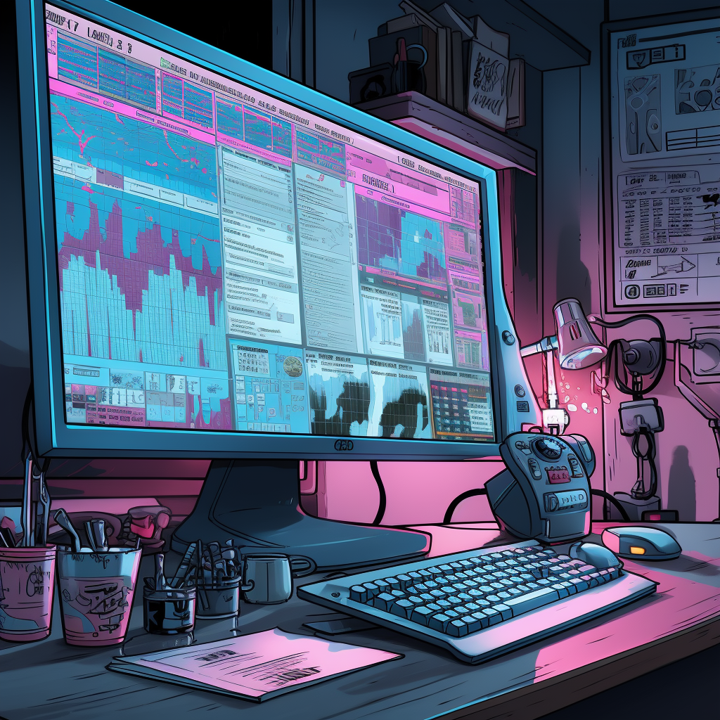 Computer showing marketing metrics in comic book style