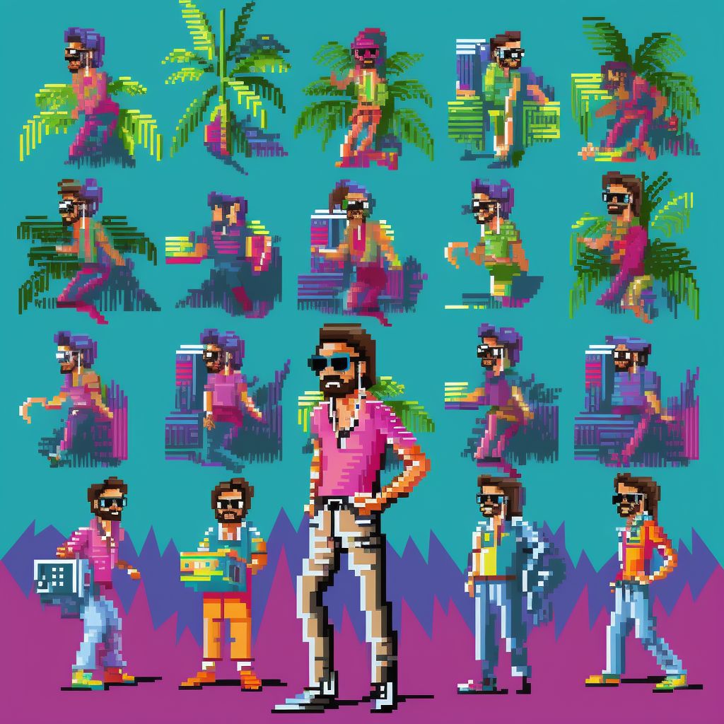 Pixel art of computer nerd in 80s Miami