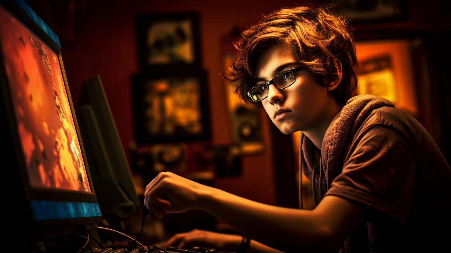 Teenager playing computer game