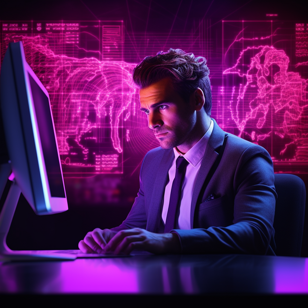 Businessman looking at computer with neon purple graphic