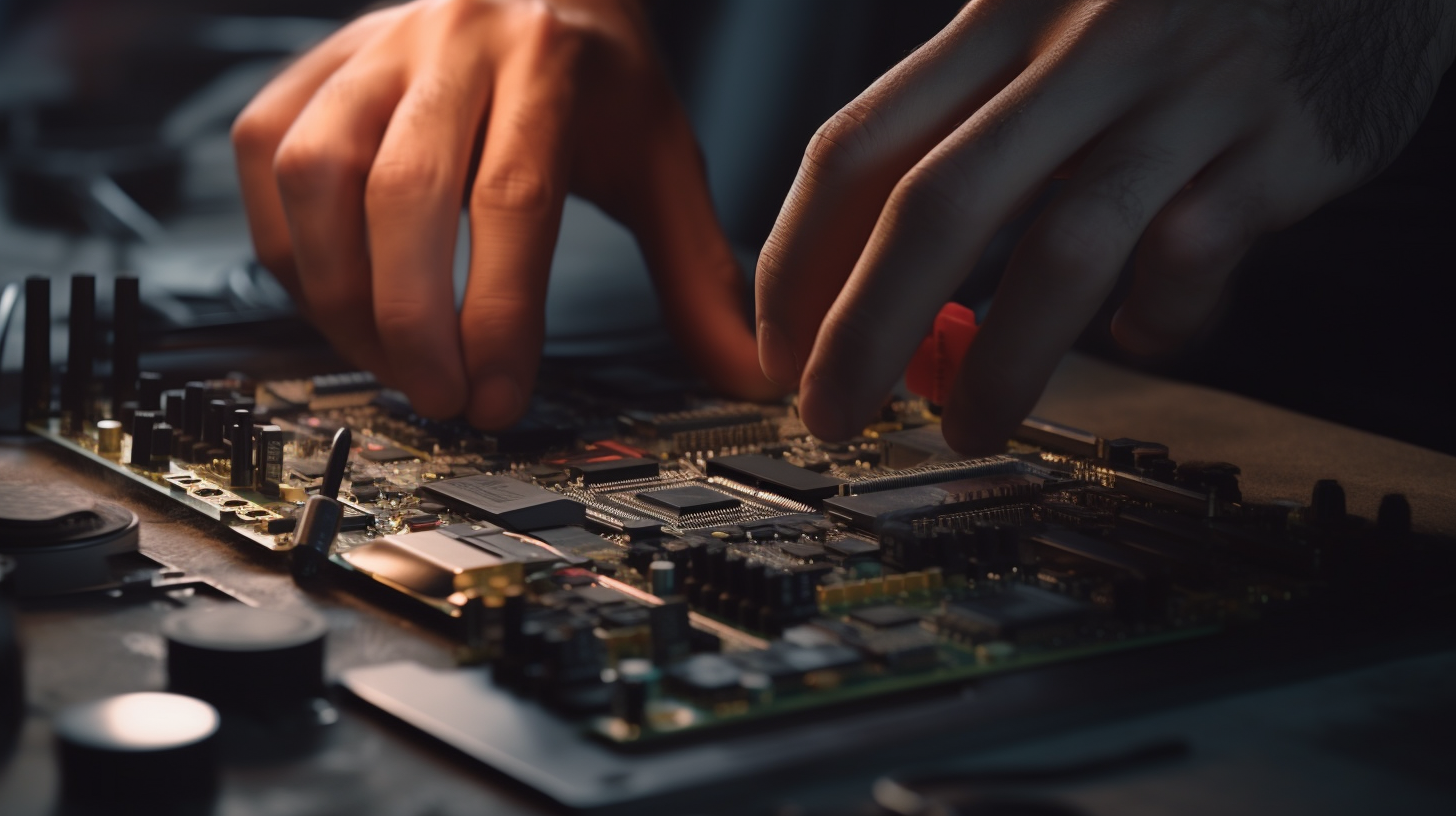 Close-up of hands repairing a computer