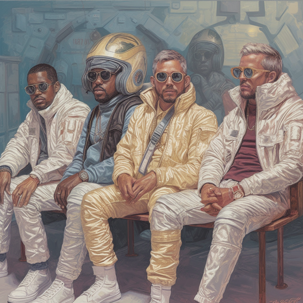 Five con artists in currency jackets and sunglasses