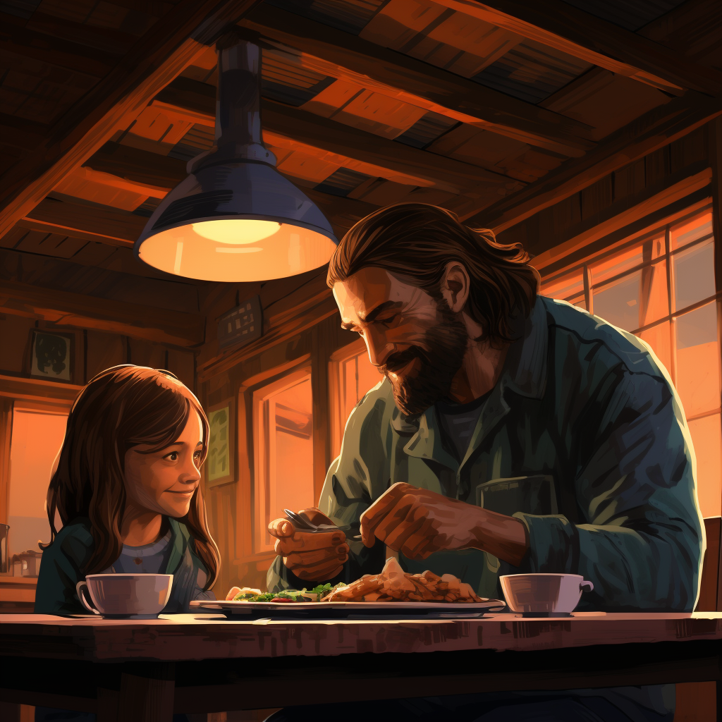 Father and Daughter Enjoying a Vintage Cabin Dinner