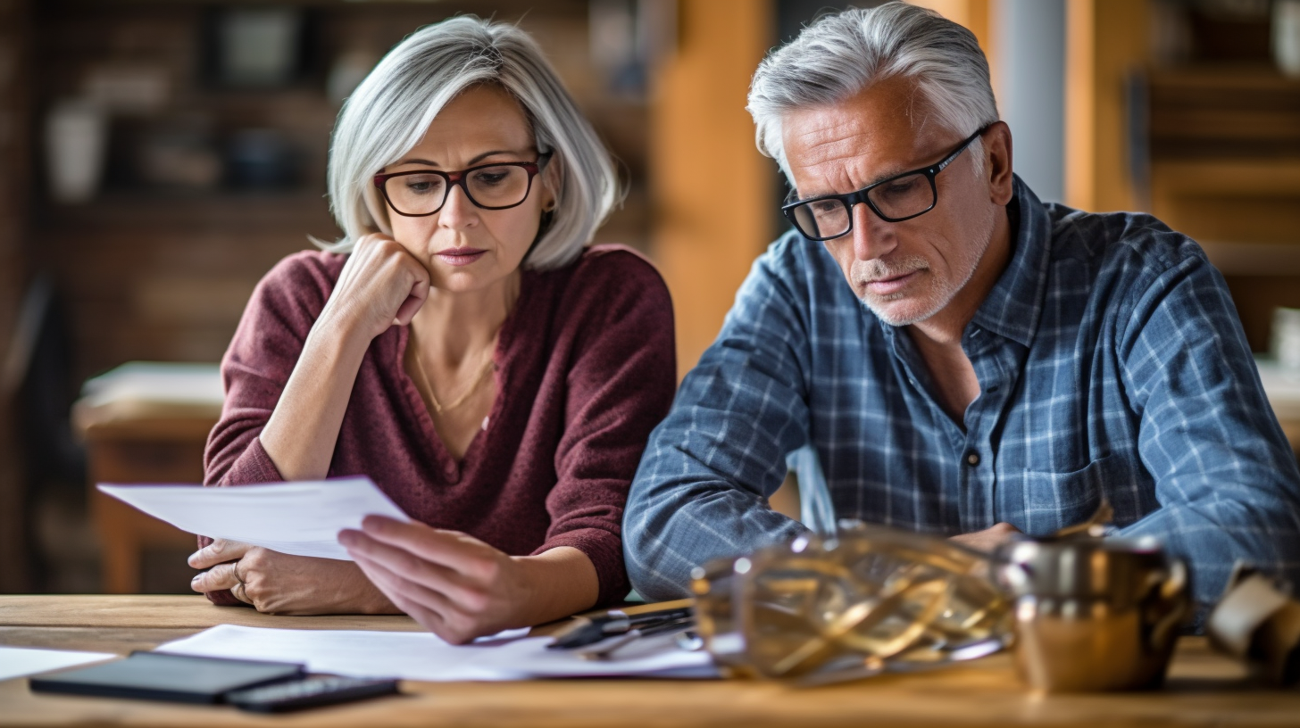 Worried couple reviewing financial papers at table