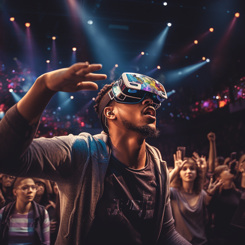 Audience member wearing mixed reality glasses at concert