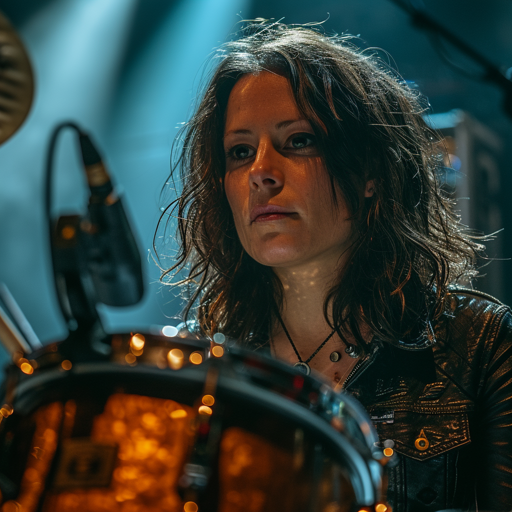 Image of The Breeders band's drummer in full action