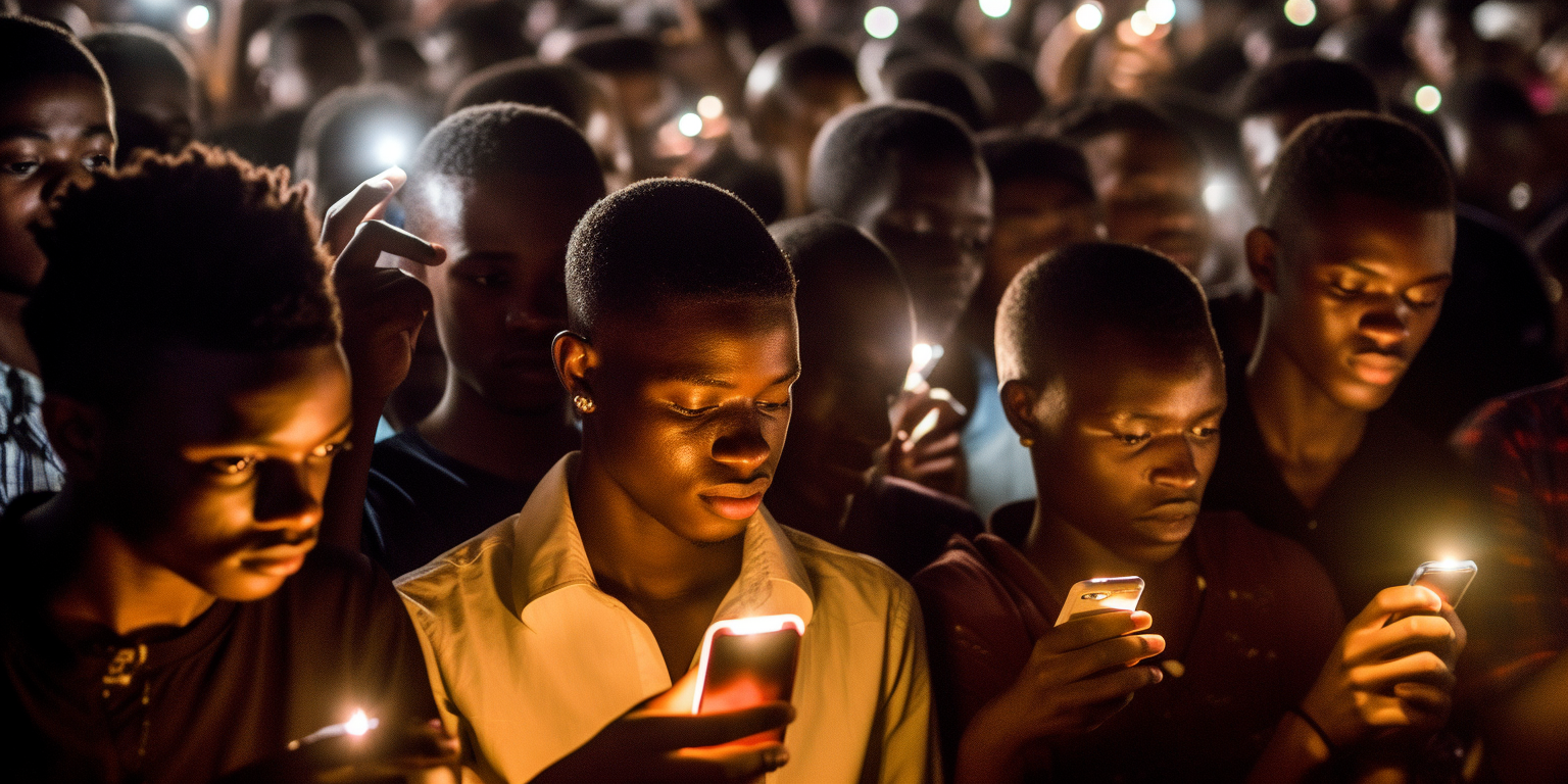 Young Black Youth at Concert Using Mobiles as Lighters