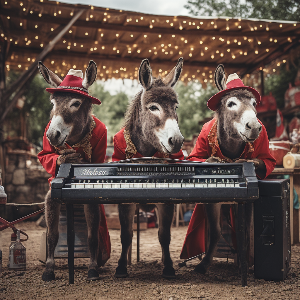 Smiling donkeys performing at outdoor concert