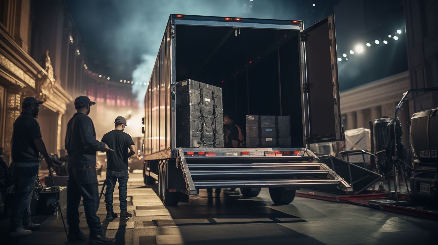 Crew unloading roadcases at concert venue