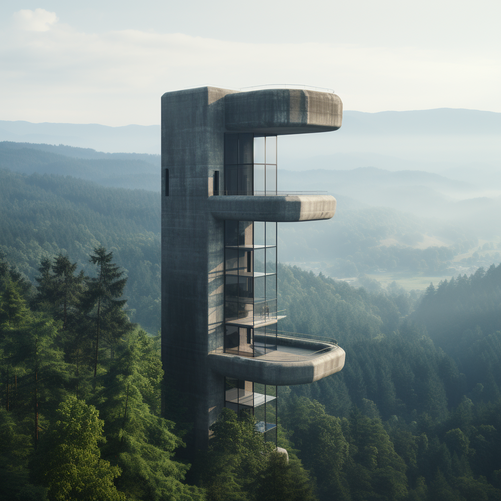 Cinematic shot of concrete lookout tower in forest