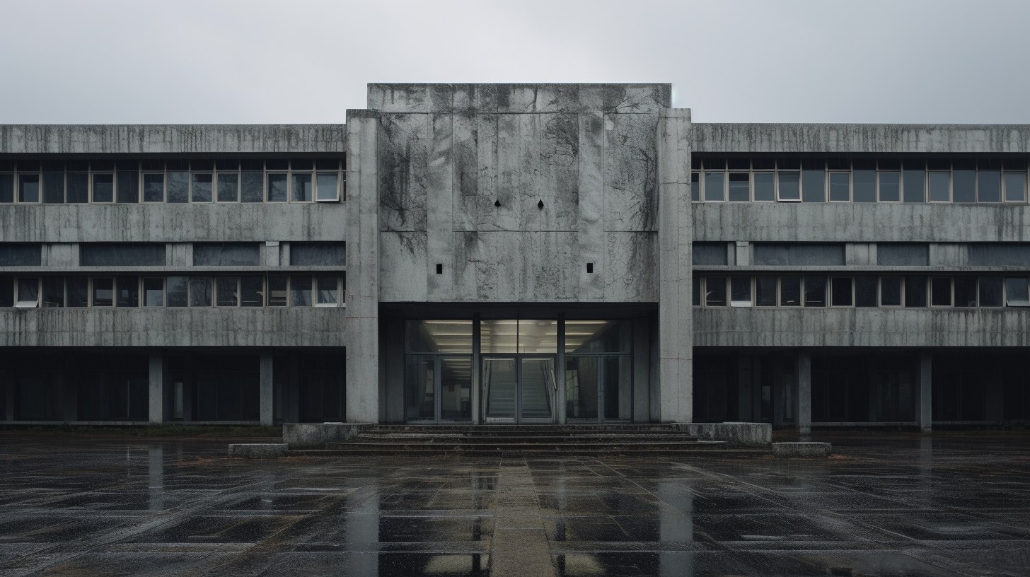 Frontal view of concrete poor school with broken windows