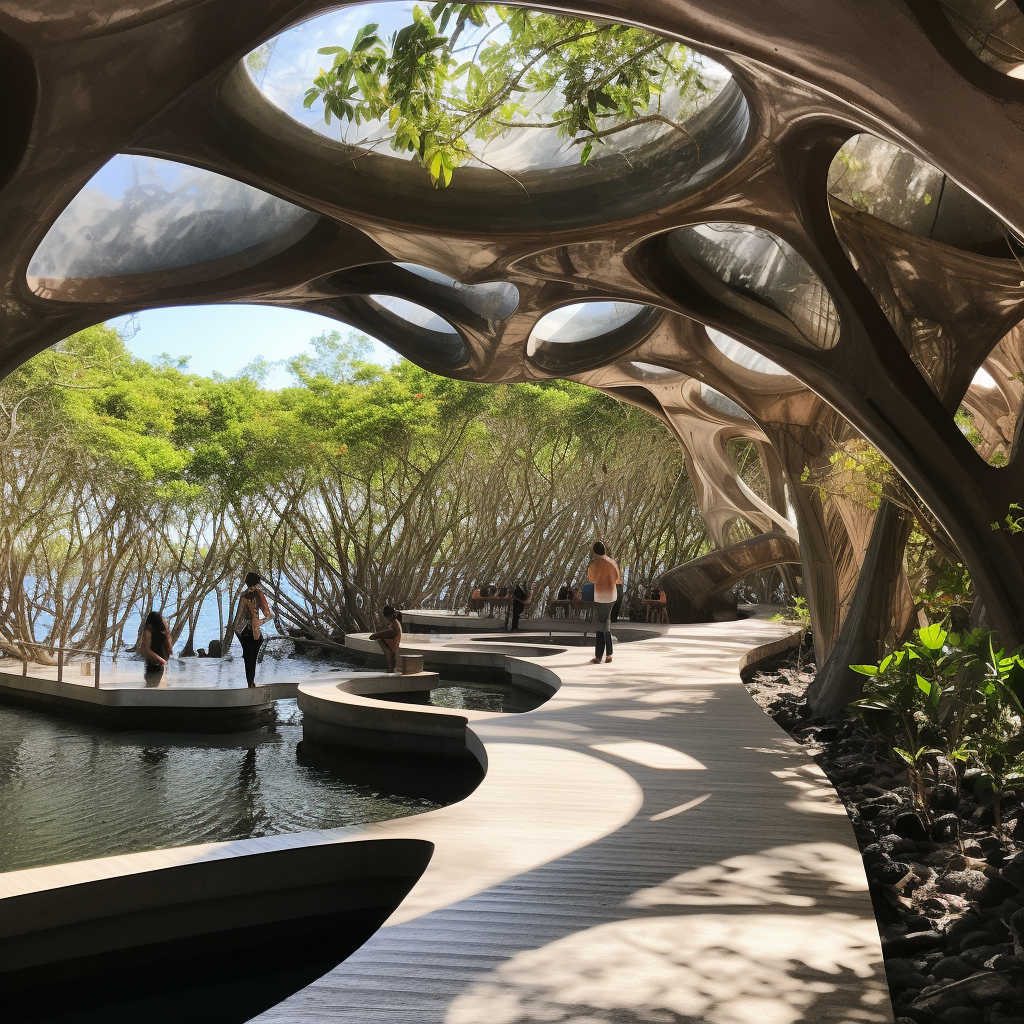 Mangroves and sea surrounding the concrete steel platform