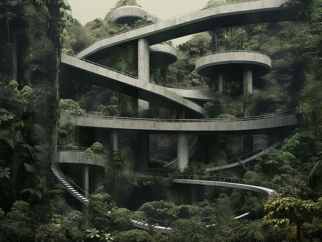 Brutalist concrete structure in tropical forest