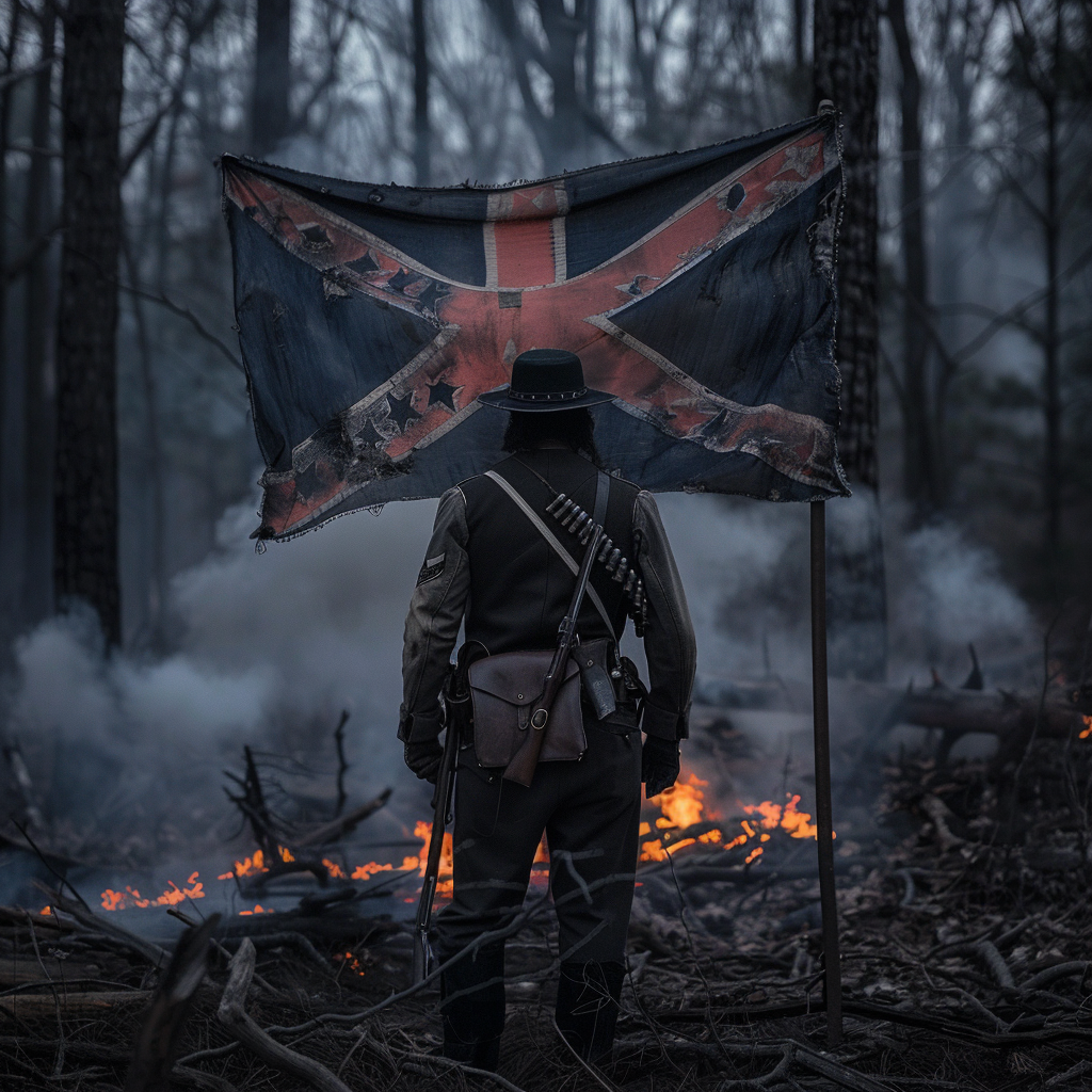 Soldier holding Dixie flag