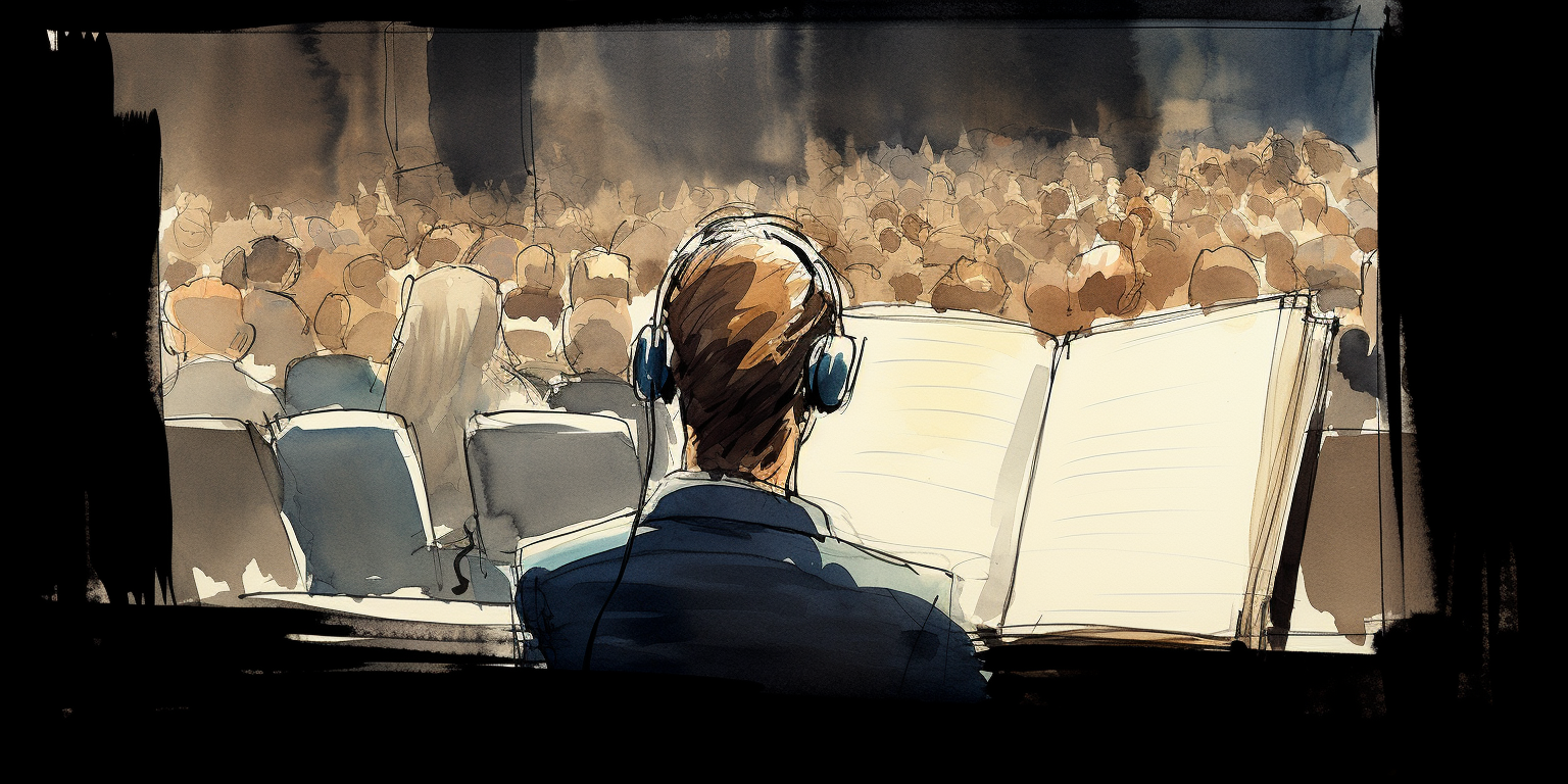 Sketch of conference speaker addressing audience