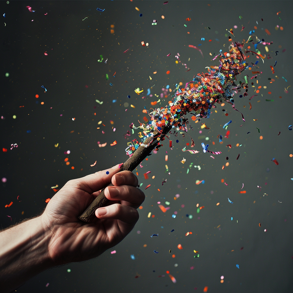 Hand grabbing confetti stick.