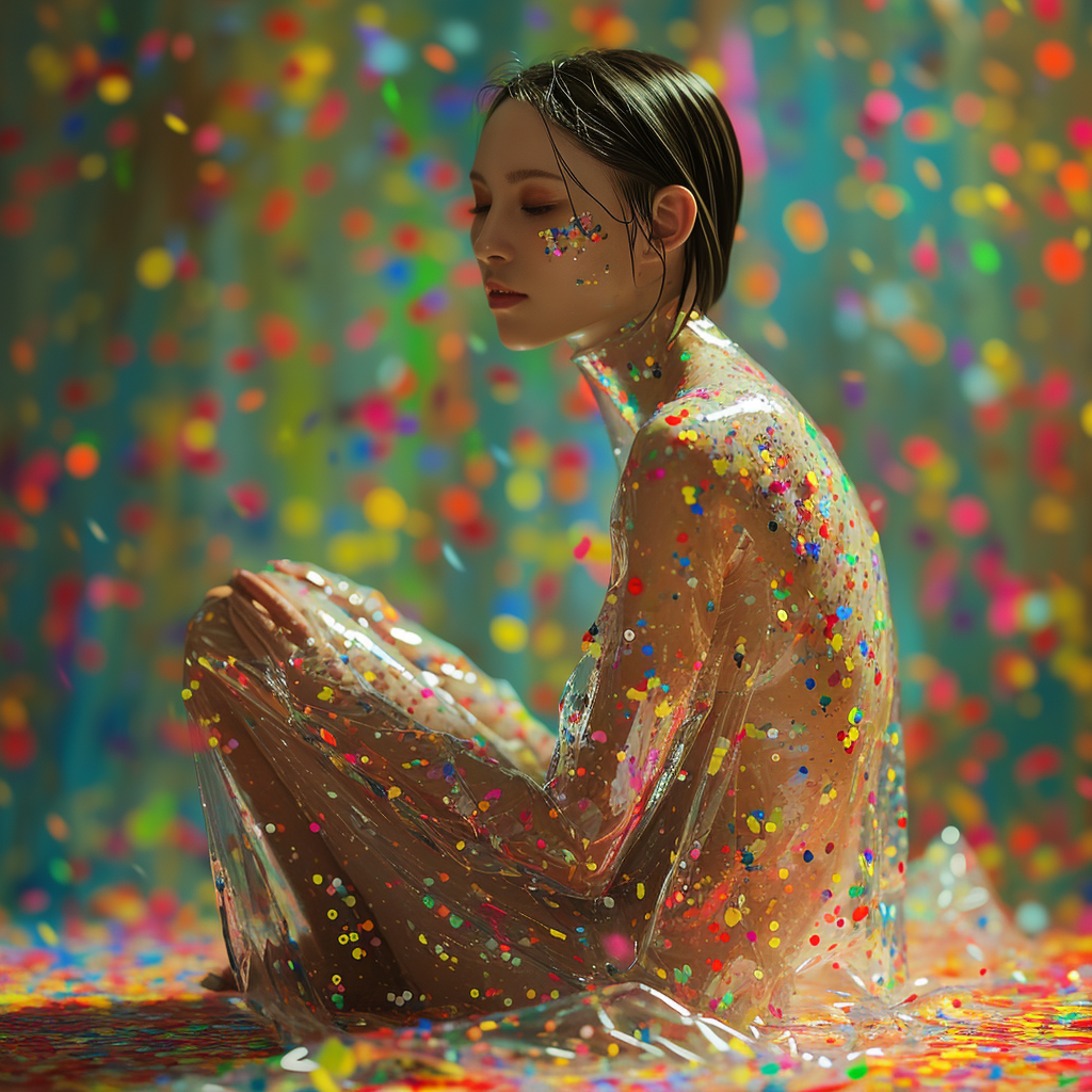 Woman sitting on confetti-covered table