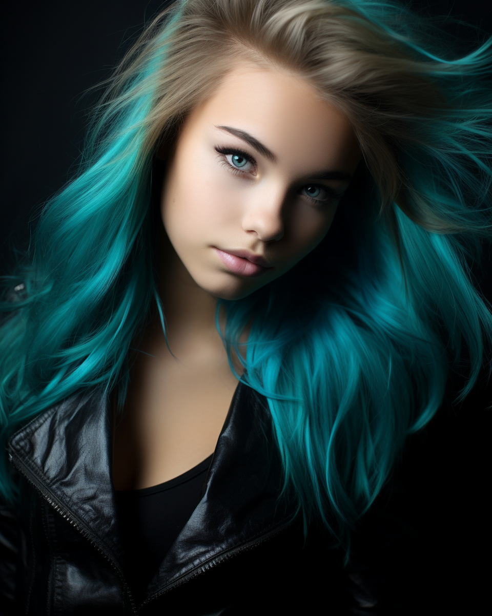 Confident young lady in turquoise blue and black