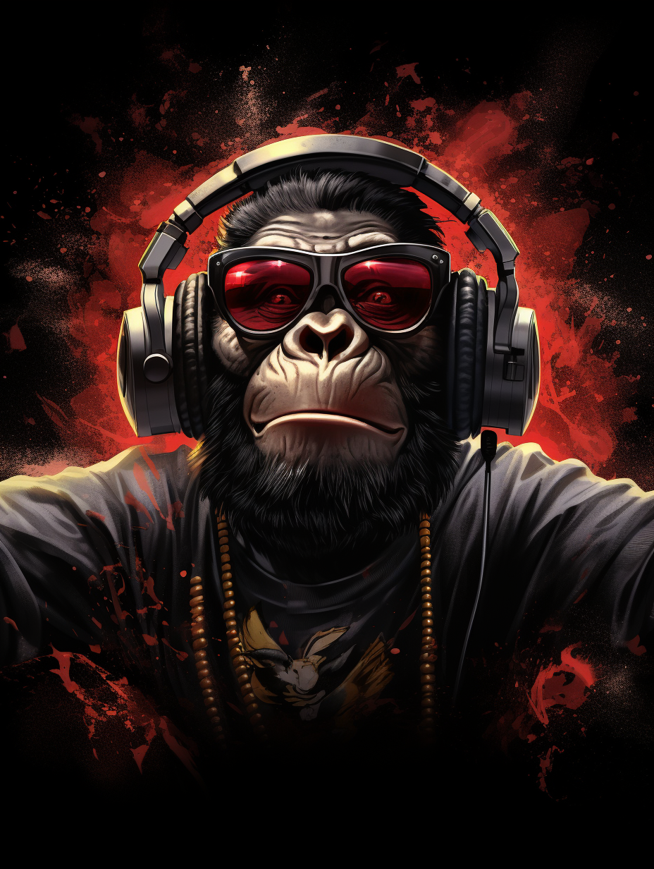 Confident ape DJ wearing sunglasses and headphones