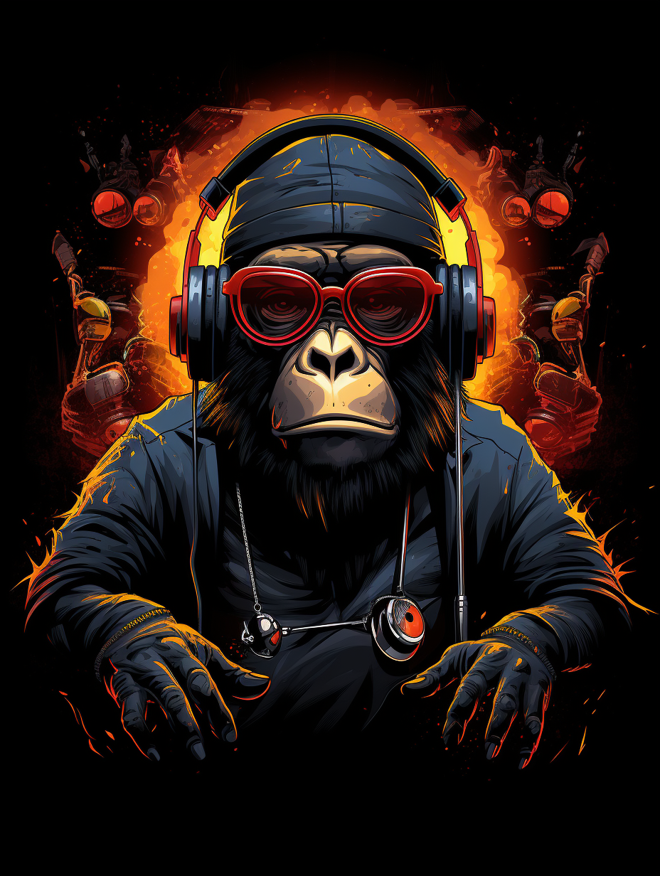 Confident ape DJ wearing sunglasses and headphones, with turntables and a crowd.