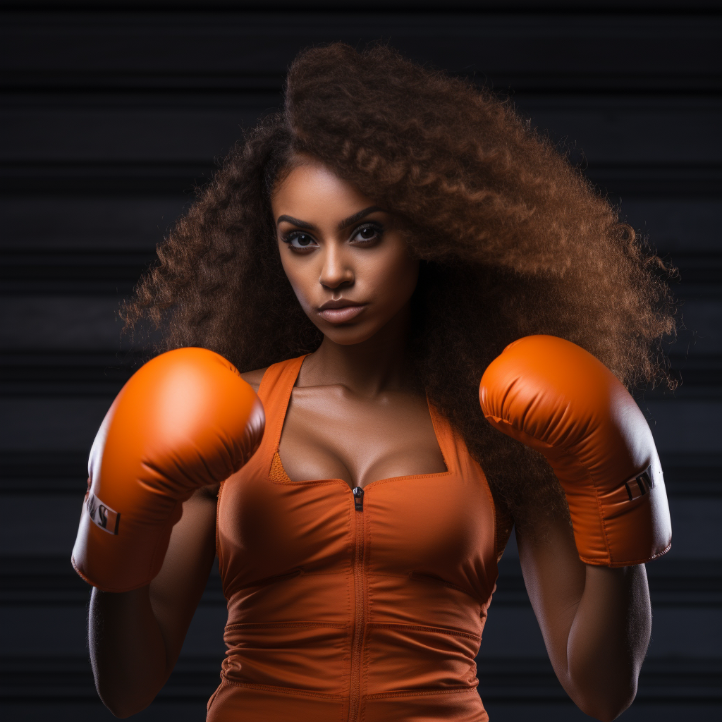 Brown-skinned female boxer in orange outfit hitting punching bag