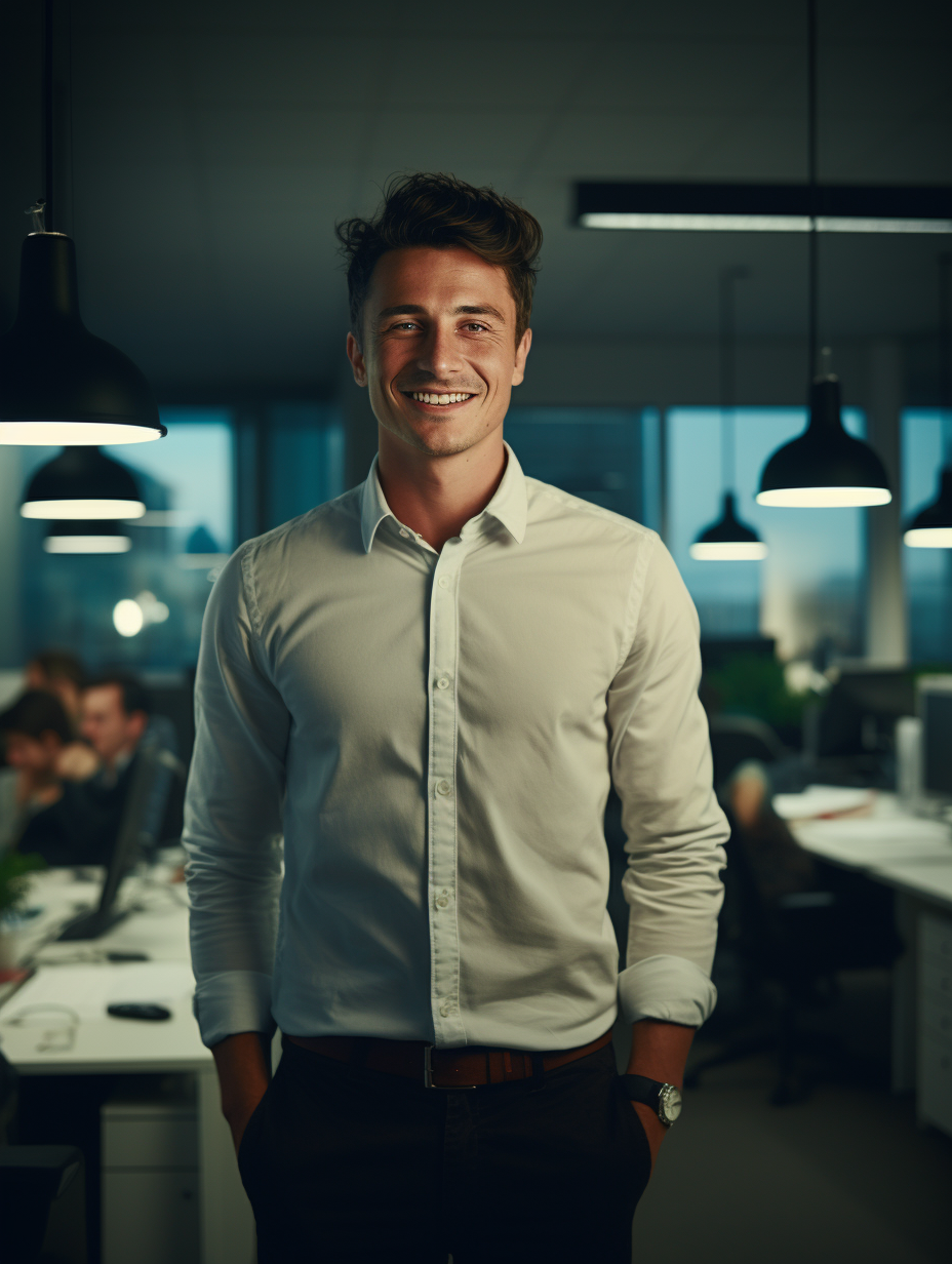 Confident smiling young man in fun tech office