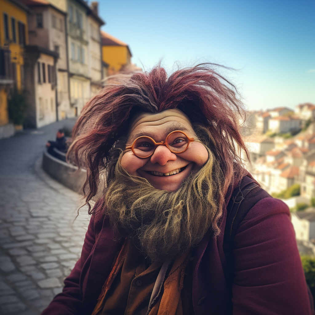 Confident troll with mid-length hair and academic outfit