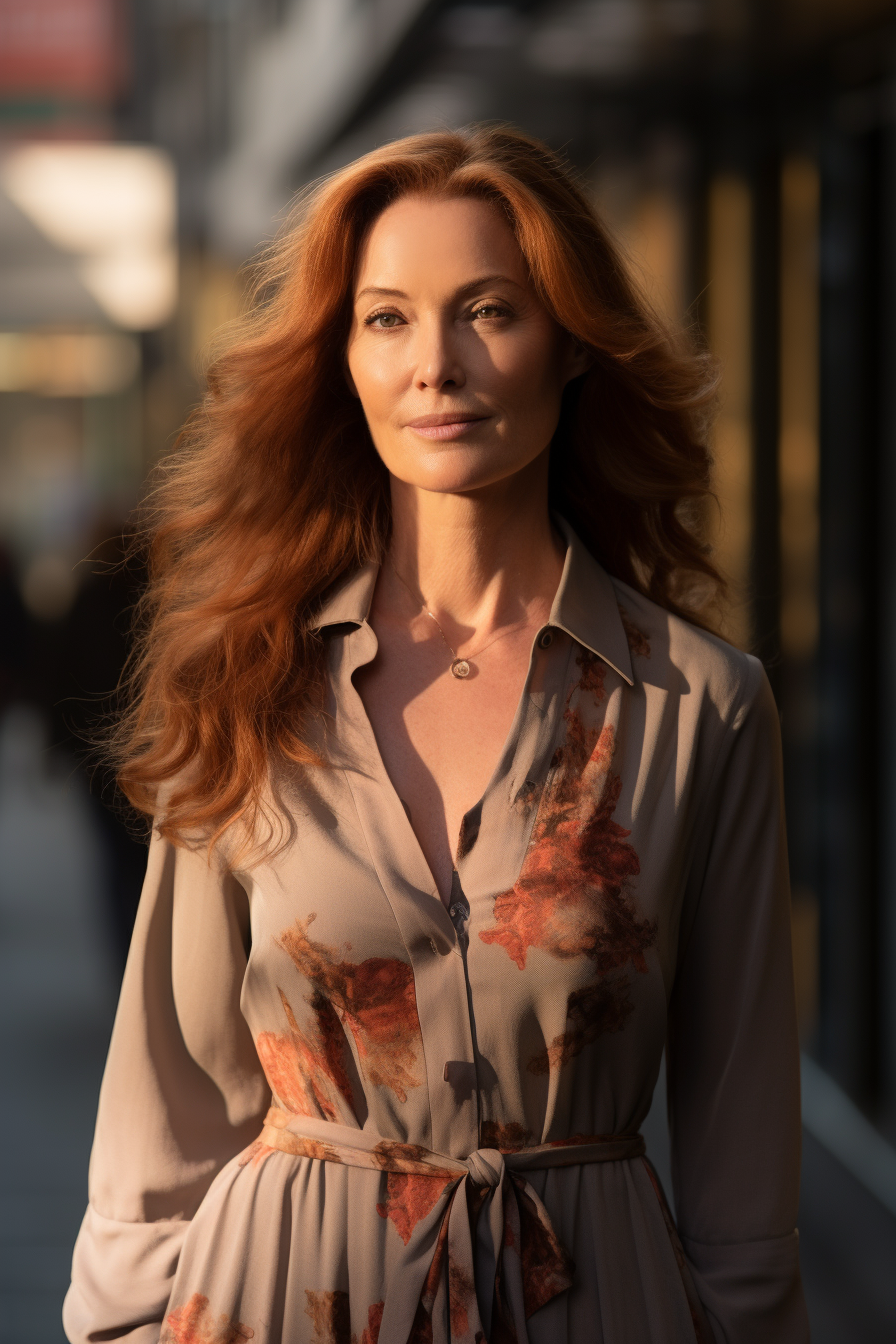 Image of a confident woman with auburn hair walking in a Japanese street