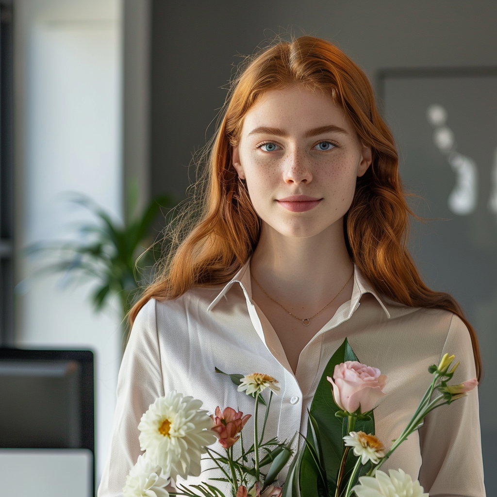 confident woman flowers office