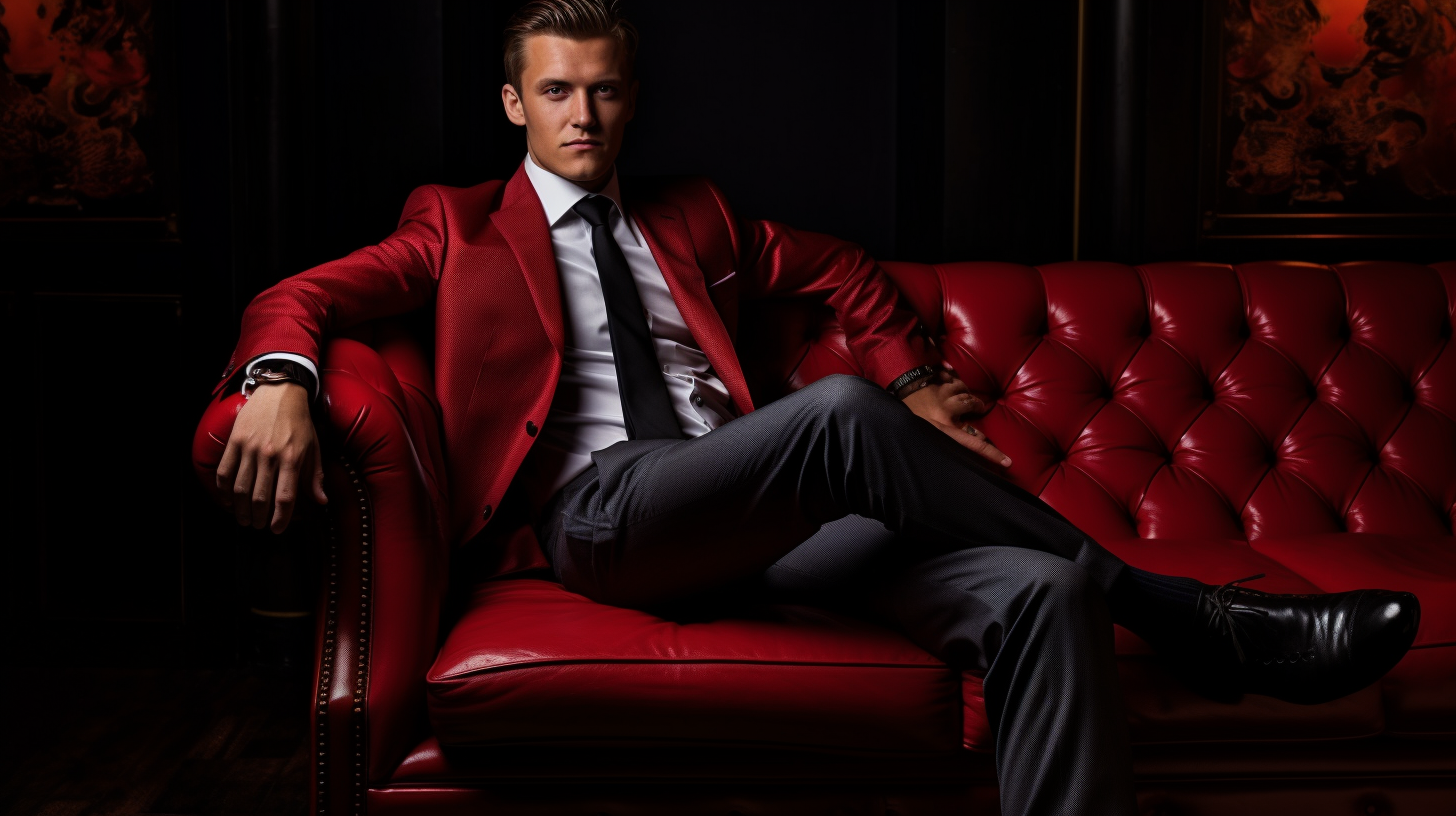 Confident man on red sofa