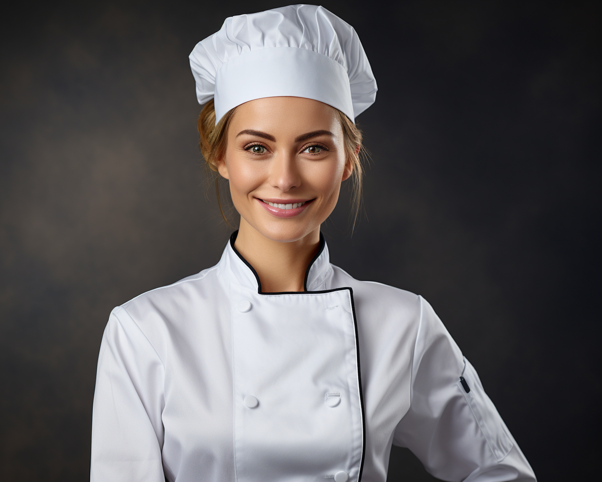 Confident female chef smiling against light background