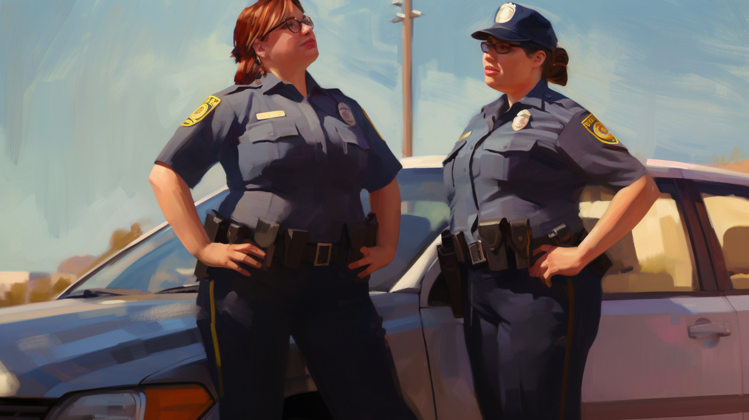 Two confident female police officers talking in upscale subdivision